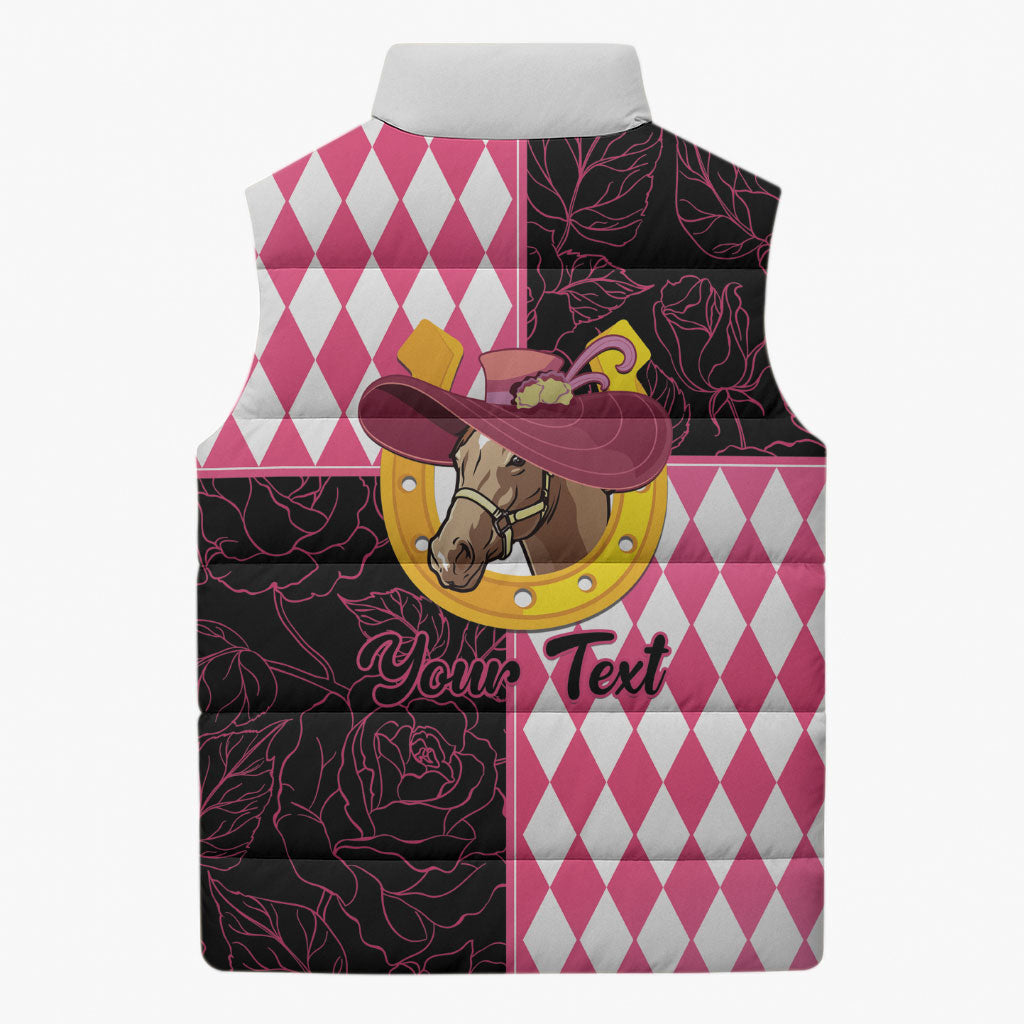 Personalised Melbourne Cup Australia Sleeveless Puffer Jacket Diamond Horse Racing Silks Inspired Pink