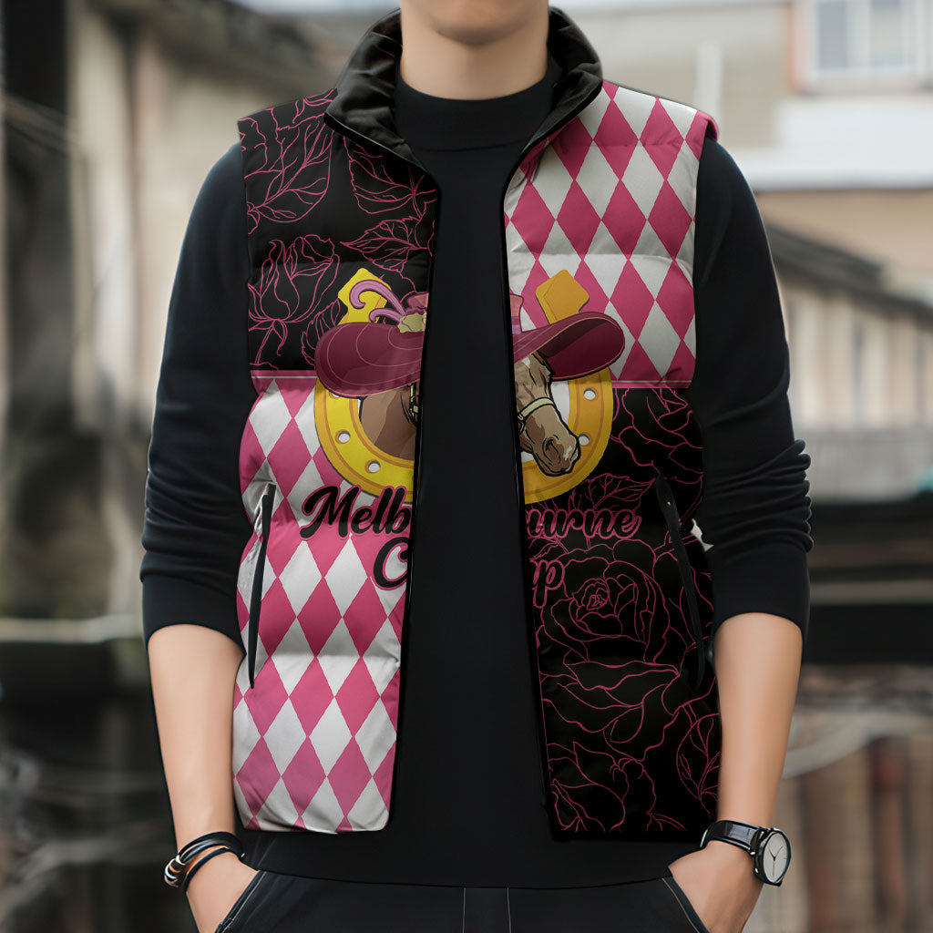 Personalised Melbourne Cup Australia Sleeveless Puffer Jacket Diamond Horse Racing Silks Inspired Pink
