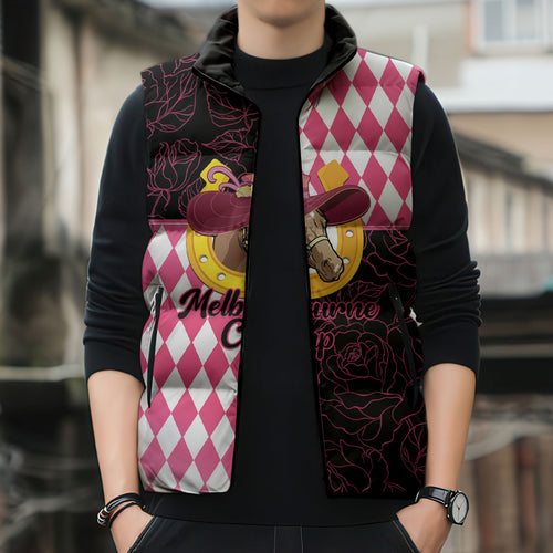 Personalised Melbourne Cup Australia Sleeveless Puffer Jacket Diamond Horse Racing Silks Inspired Pink