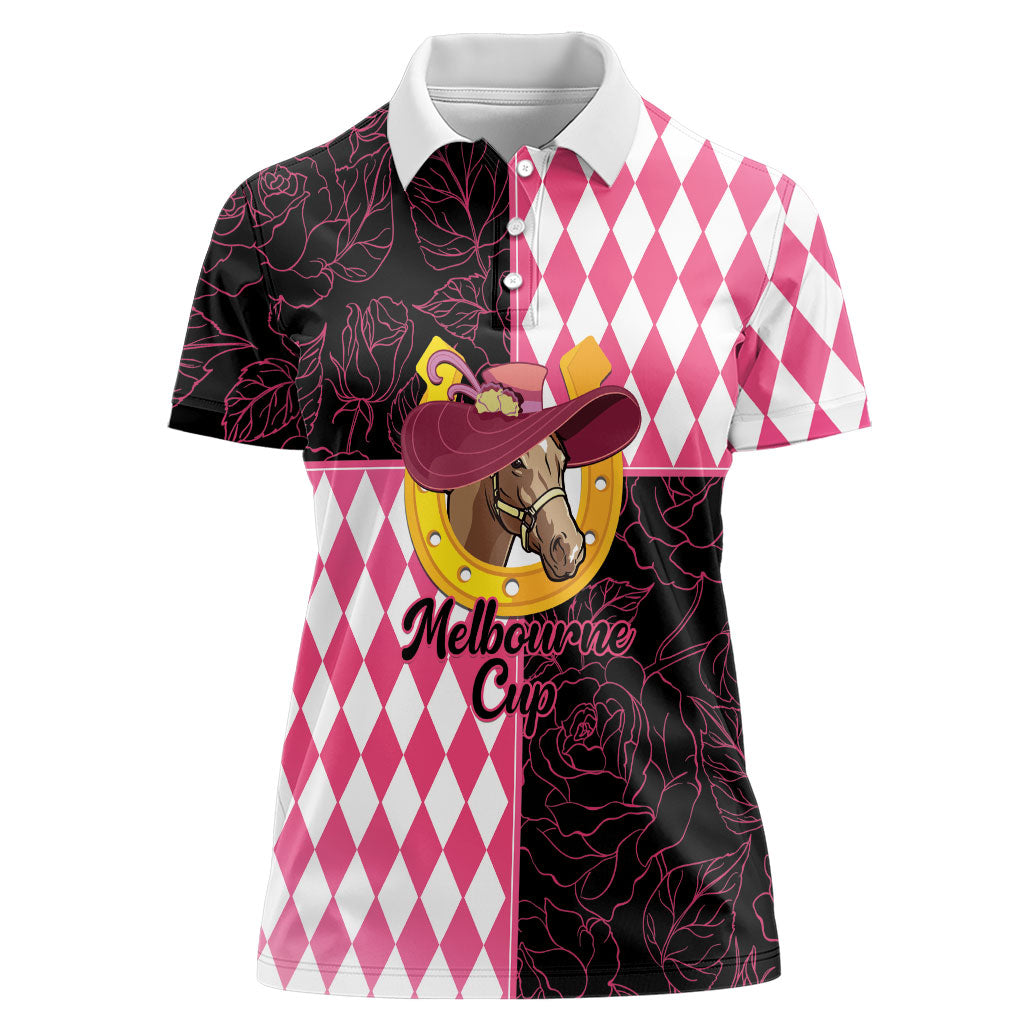 Personalised Melbourne Cup Australia Women Polo Shirt Diamond Horse Racing Silks Inspired Pink