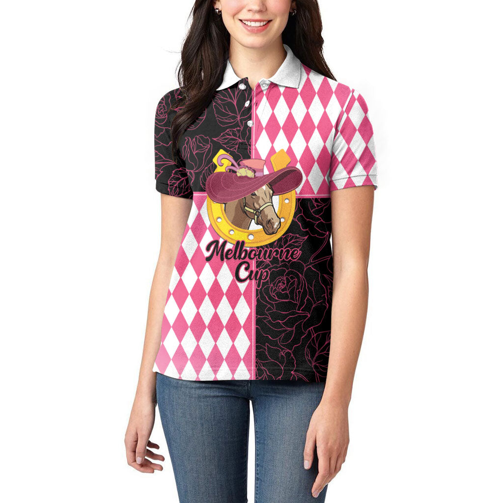 Personalised Melbourne Cup Australia Women Polo Shirt Diamond Horse Racing Silks Inspired Pink