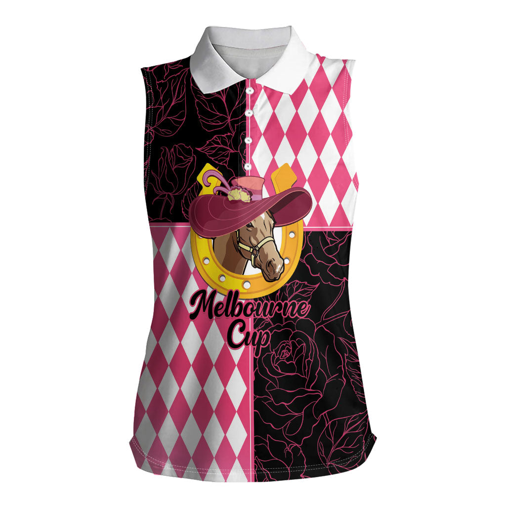 Personalised Melbourne Cup Australia Women Sleeveless Polo Shirt Diamond Horse Racing Silks Inspired Pink