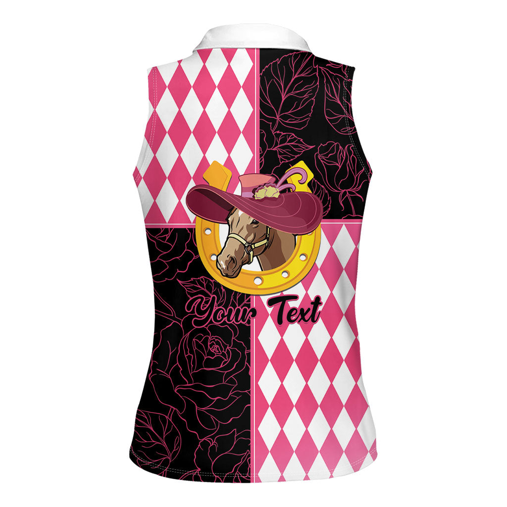 Personalised Melbourne Cup Australia Women Sleeveless Polo Shirt Diamond Horse Racing Silks Inspired Pink