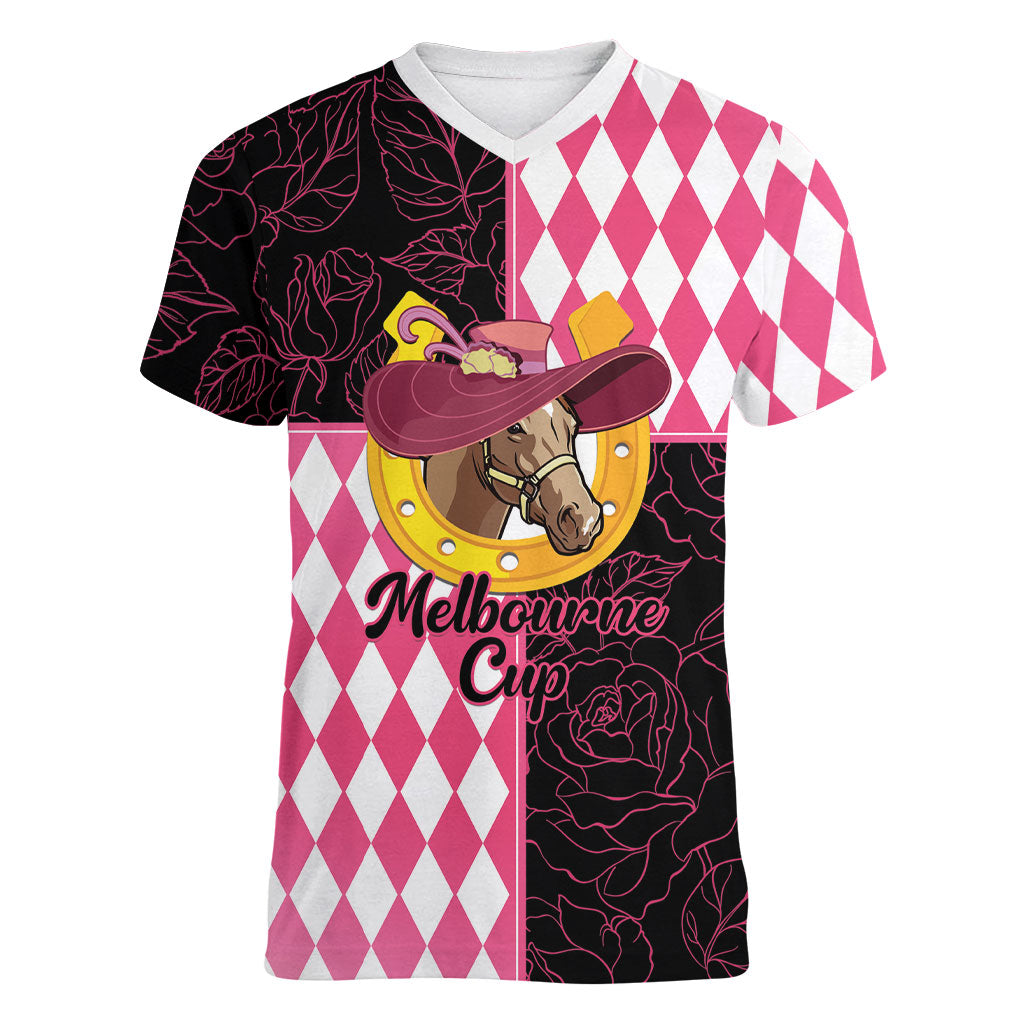 Personalised Melbourne Cup Australia Women V-Neck T-Shirt Diamond Horse Racing Silks Inspired Pink