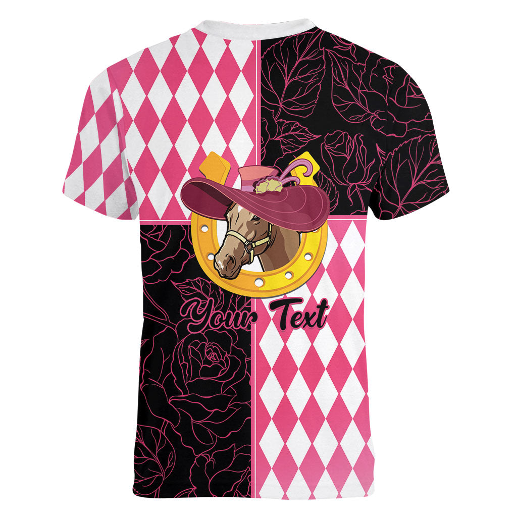 Personalised Melbourne Cup Australia Women V-Neck T-Shirt Diamond Horse Racing Silks Inspired Pink