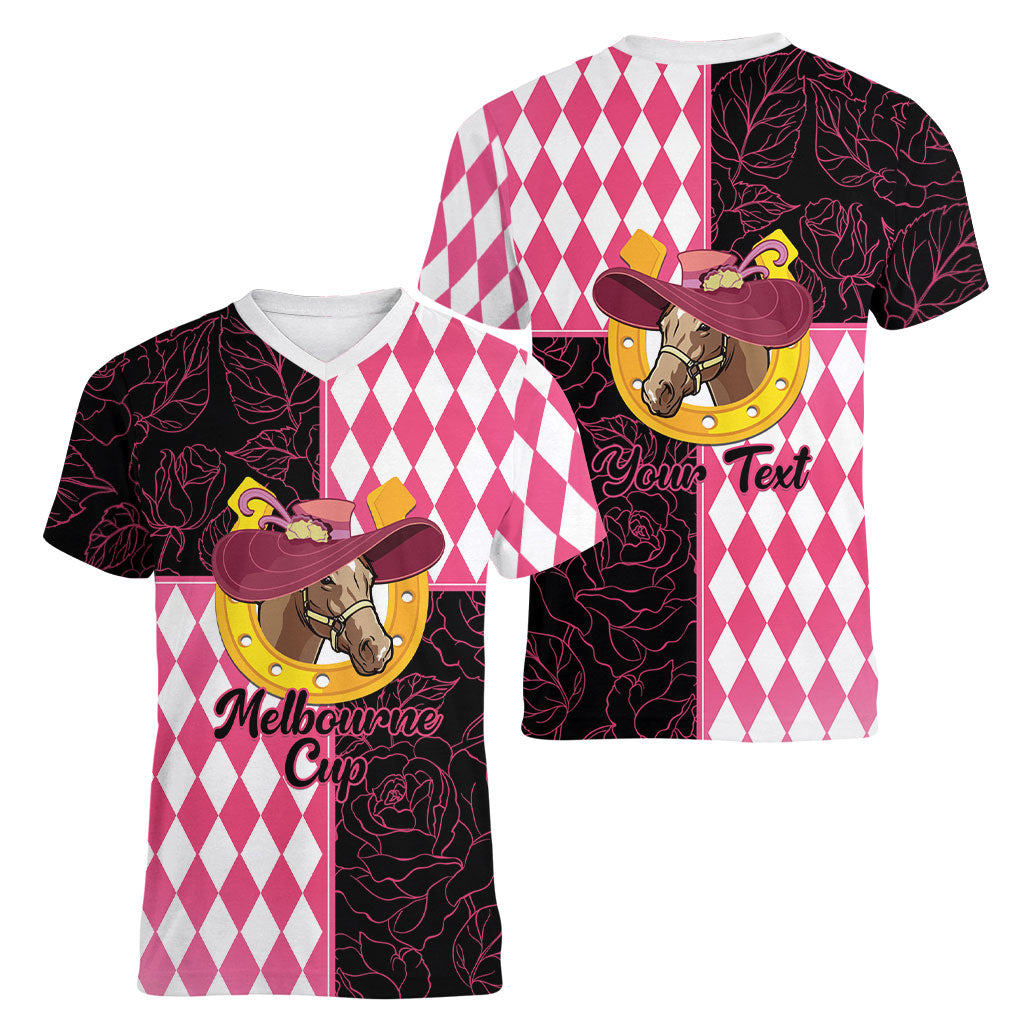 Personalised Melbourne Cup Australia Women V-Neck T-Shirt Diamond Horse Racing Silks Inspired Pink
