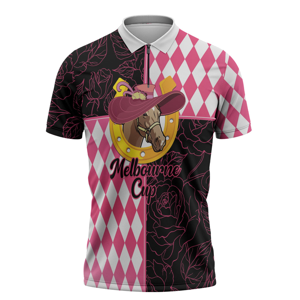 Personalised Melbourne Cup Australia Zipper Polo Shirt Diamond Horse Racing Silks Inspired Pink