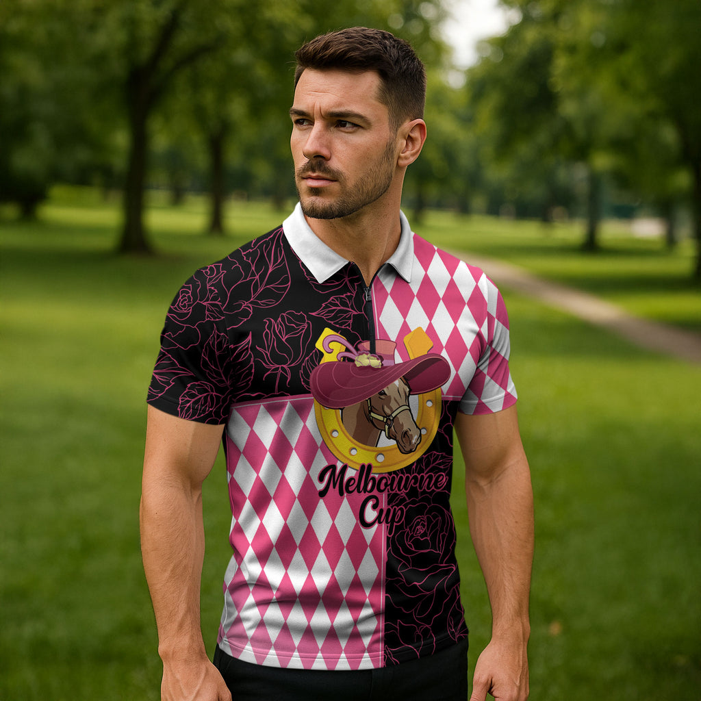 Personalised Melbourne Cup Australia Zipper Polo Shirt Diamond Horse Racing Silks Inspired Pink