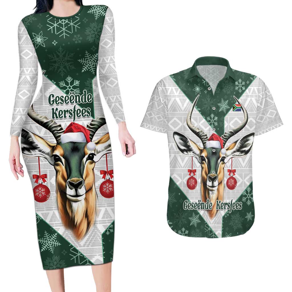 South Africa Springboks Christmas Couples Matching Long Sleeve Bodycon Dress and Hawaiian Shirt Bokke Santa - Geseende Kersfees