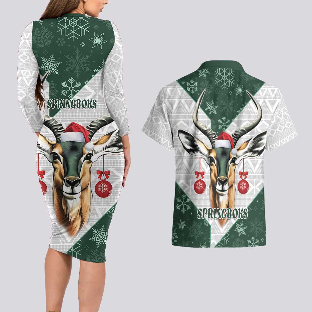 South Africa Springboks Christmas Couples Matching Long Sleeve Bodycon Dress and Hawaiian Shirt Bokke Santa - Geseende Kersfees