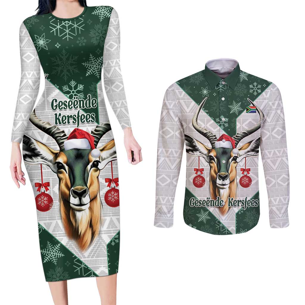 South Africa Springboks Christmas Couples Matching Long Sleeve Bodycon Dress and Long Sleeve Button Shirt Bokke Santa - Geseende Kersfees