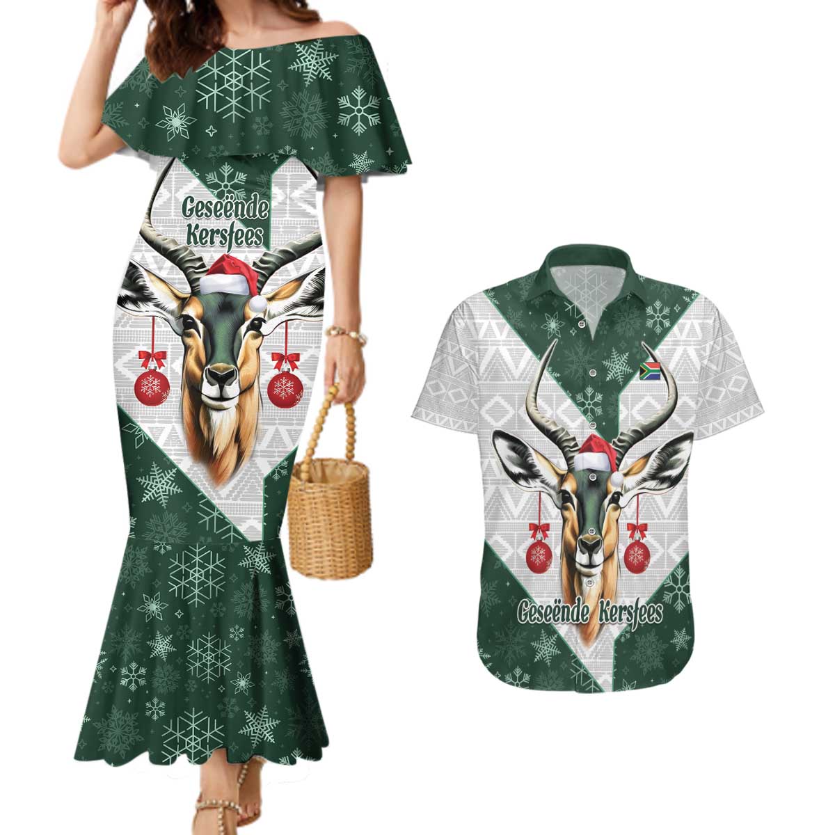South Africa Springboks Christmas Couples Matching Mermaid Dress and Hawaiian Shirt Bokke Santa - Geseende Kersfees