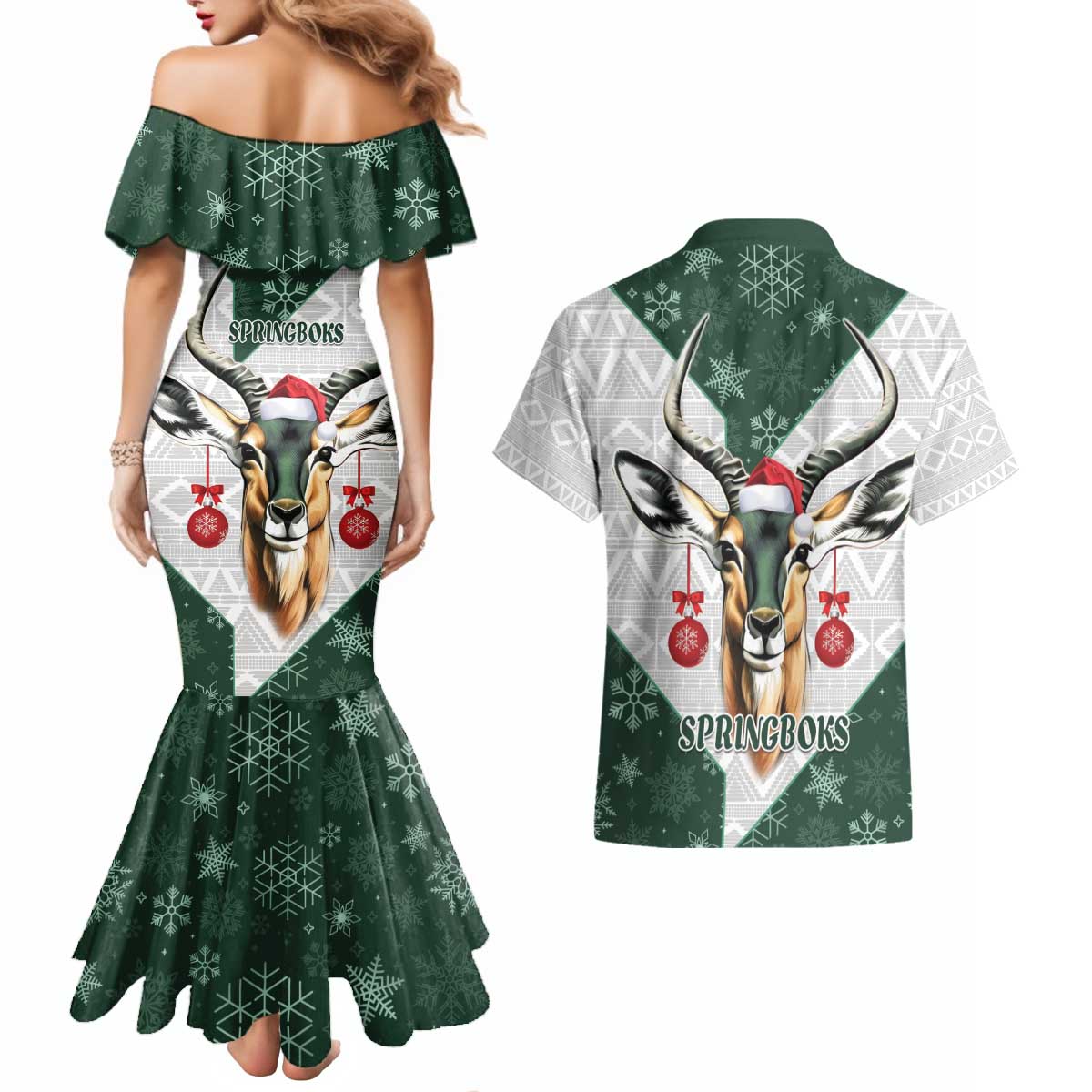 South Africa Springboks Christmas Couples Matching Mermaid Dress and Hawaiian Shirt Bokke Santa - Geseende Kersfees