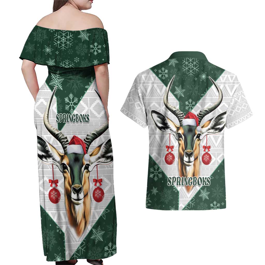 South Africa Springboks Christmas Couples Matching Off Shoulder Maxi Dress and Hawaiian Shirt Bokke Santa - Geseende Kersfees