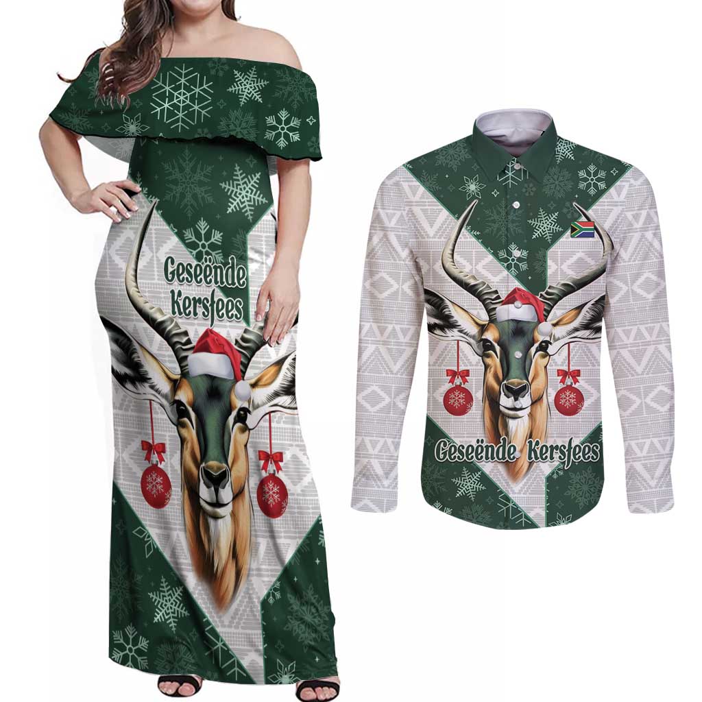 South Africa Springboks Christmas Couples Matching Off Shoulder Maxi Dress and Long Sleeve Button Shirt Bokke Santa - Geseende Kersfees
