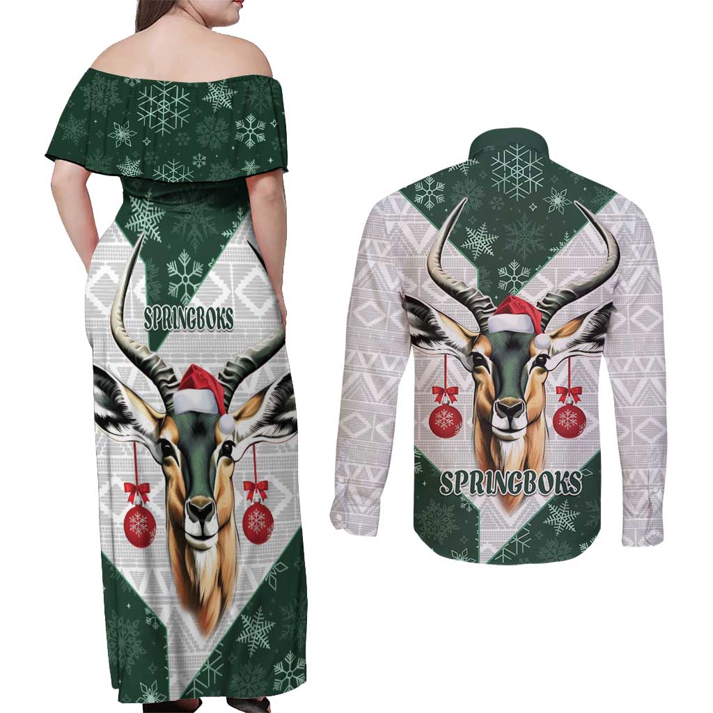 South Africa Springboks Christmas Couples Matching Off Shoulder Maxi Dress and Long Sleeve Button Shirt Bokke Santa - Geseende Kersfees