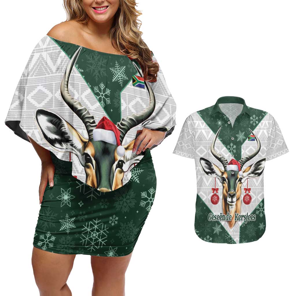 South Africa Springboks Christmas Couples Matching Off Shoulder Short Dress and Hawaiian Shirt Bokke Santa - Geseende Kersfees