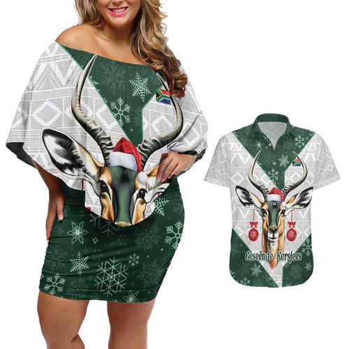 South Africa Springboks Christmas Couples Matching Off Shoulder Short Dress and Hawaiian Shirt Bokke Santa - Geseende Kersfees