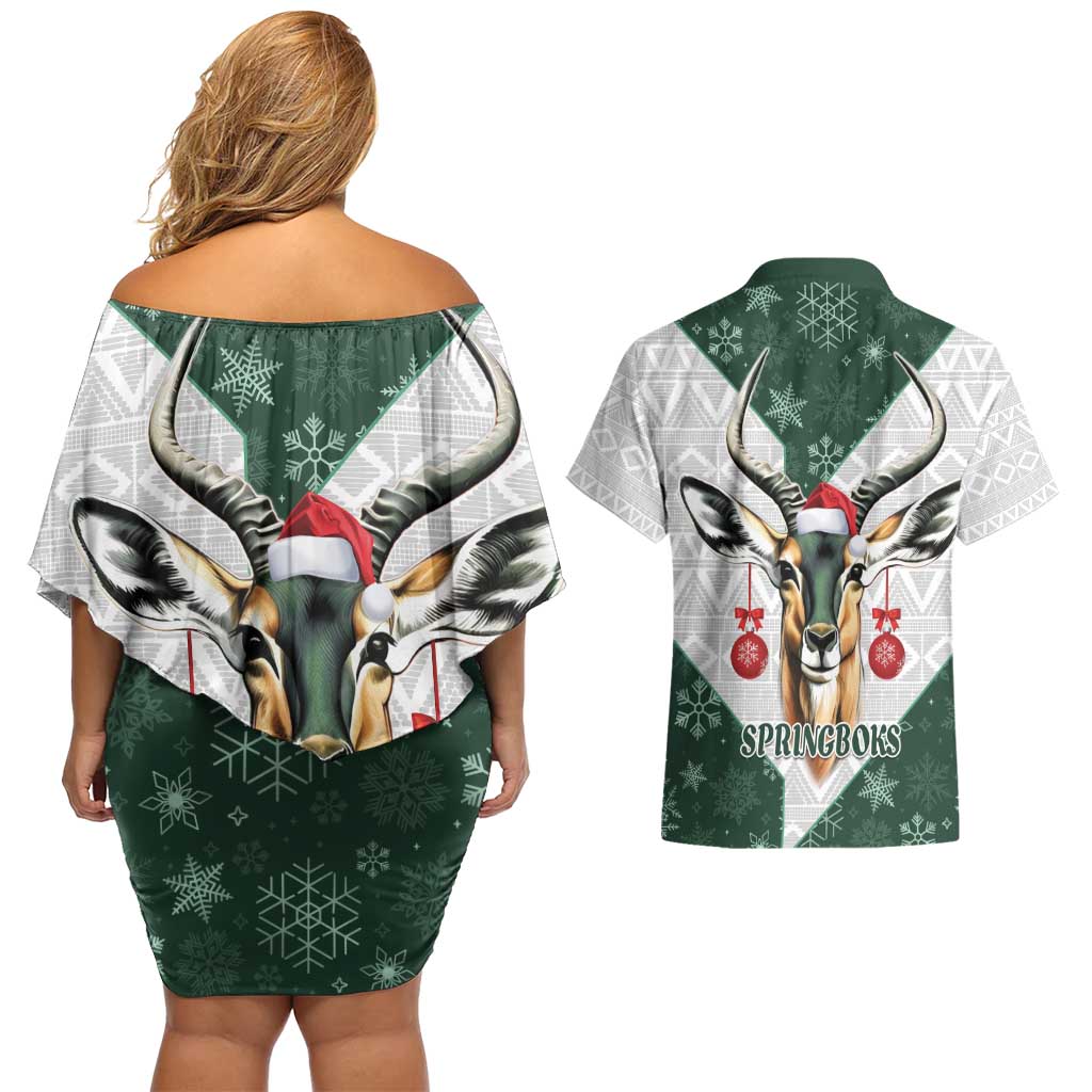 South Africa Springboks Christmas Couples Matching Off Shoulder Short Dress and Hawaiian Shirt Bokke Santa - Geseende Kersfees
