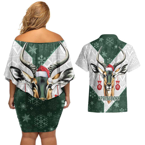 South Africa Springboks Christmas Couples Matching Off Shoulder Short Dress and Hawaiian Shirt Bokke Santa - Geseende Kersfees