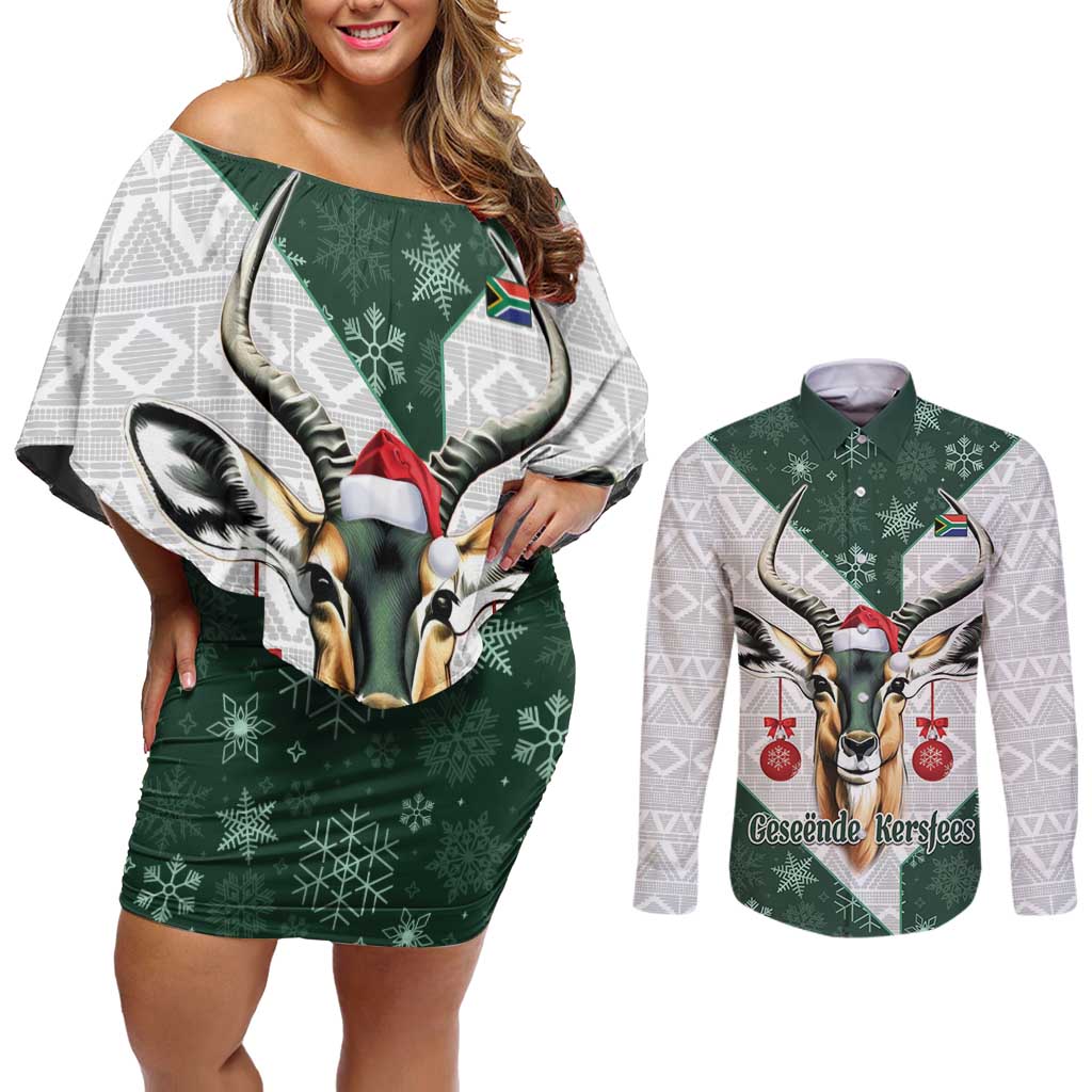 South Africa Springboks Christmas Couples Matching Off Shoulder Short Dress and Long Sleeve Button Shirt Bokke Santa - Geseende Kersfees