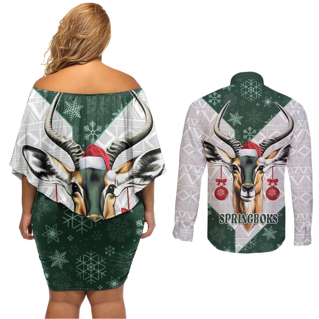 South Africa Springboks Christmas Couples Matching Off Shoulder Short Dress and Long Sleeve Button Shirt Bokke Santa - Geseende Kersfees