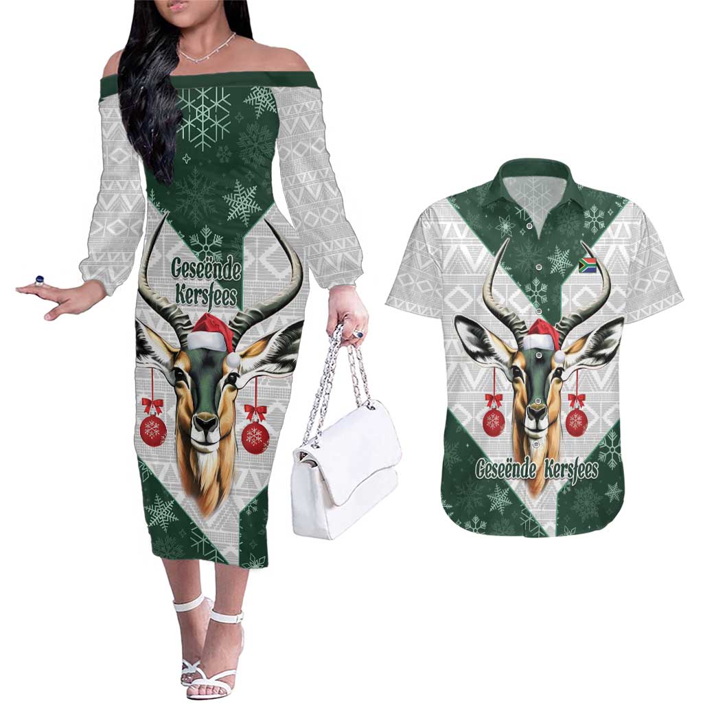 South Africa Springboks Christmas Couples Matching Off The Shoulder Long Sleeve Dress and Hawaiian Shirt Bokke Santa - Geseende Kersfees
