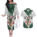 South Africa Springboks Christmas Couples Matching Off The Shoulder Long Sleeve Dress and Hawaiian Shirt Bokke Santa - Geseende Kersfees