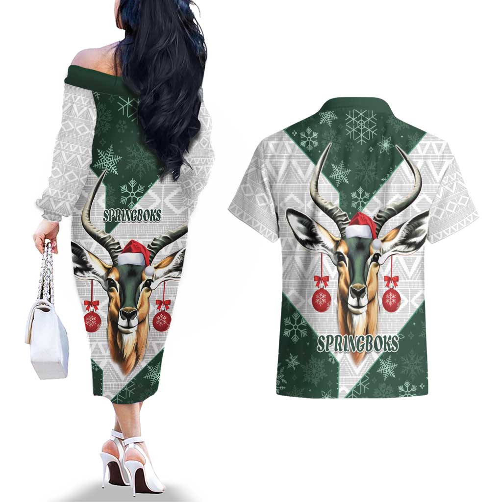 South Africa Springboks Christmas Couples Matching Off The Shoulder Long Sleeve Dress and Hawaiian Shirt Bokke Santa - Geseende Kersfees