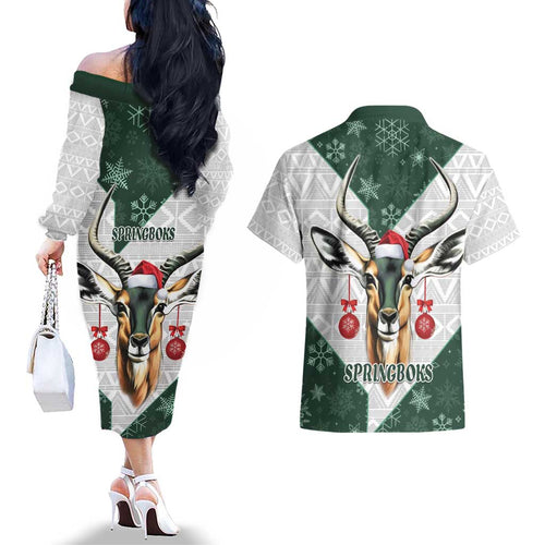 South Africa Springboks Christmas Couples Matching Off The Shoulder Long Sleeve Dress and Hawaiian Shirt Bokke Santa - Geseende Kersfees