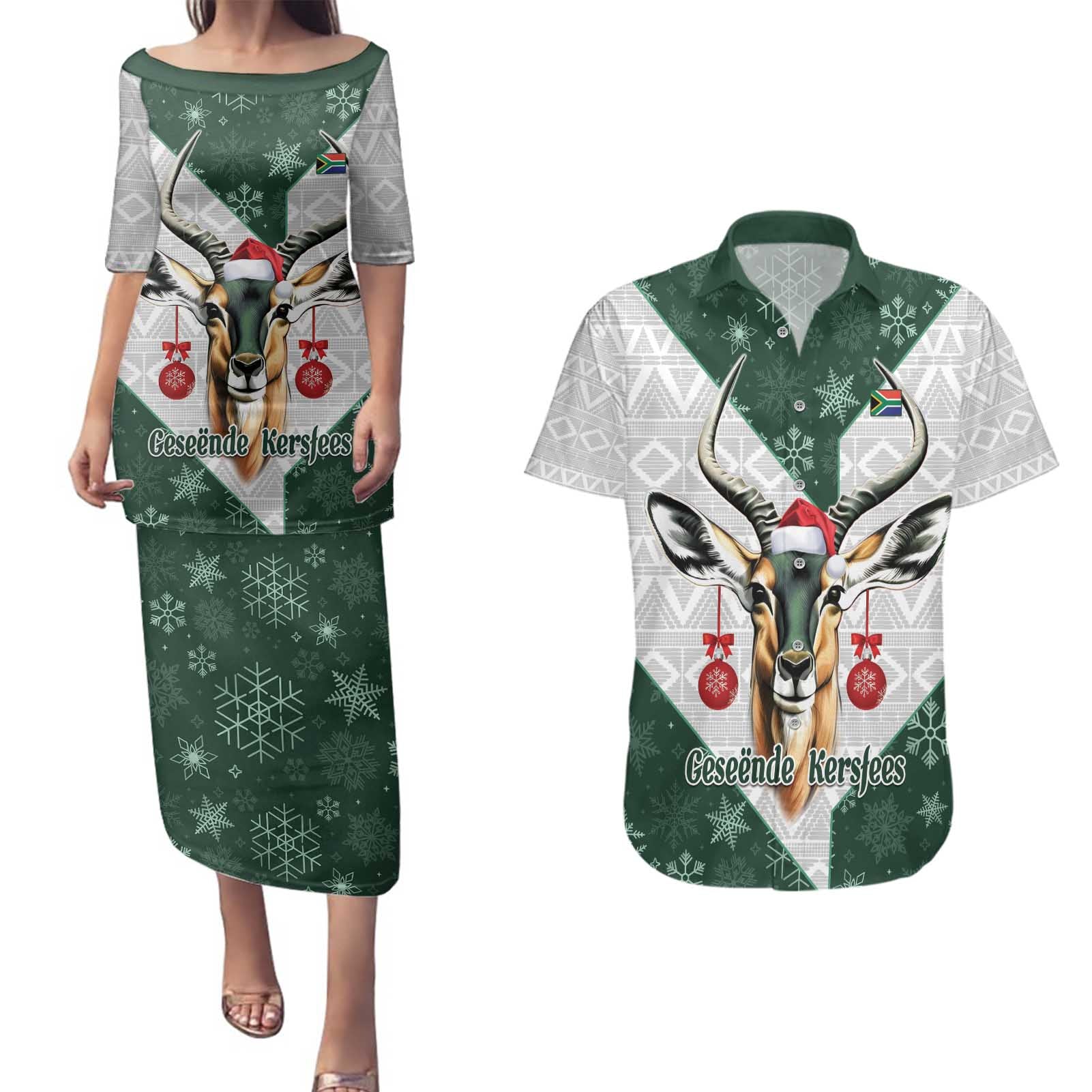 South Africa Springboks Christmas Couples Matching Puletasi and Hawaiian Shirt Bokke Santa - Geseende Kersfees