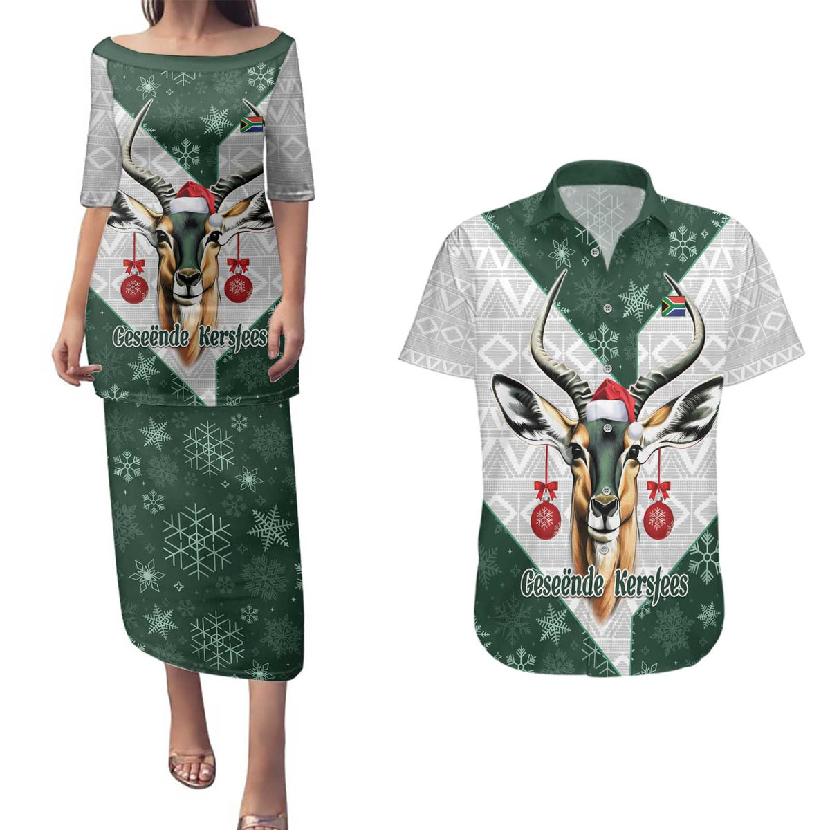 South Africa Springboks Christmas Couples Matching Puletasi and Hawaiian Shirt Bokke Santa - Geseende Kersfees