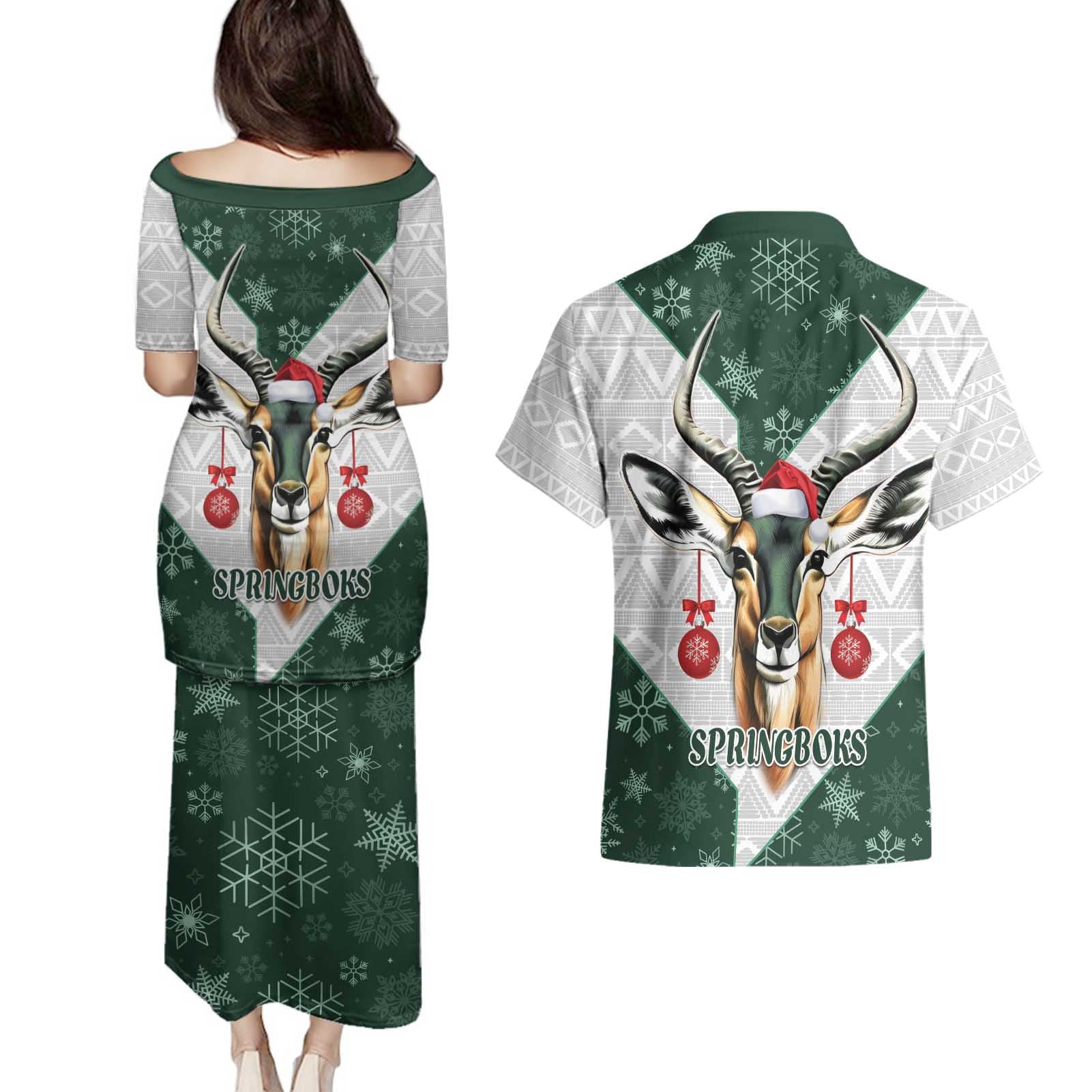 South Africa Springboks Christmas Couples Matching Puletasi and Hawaiian Shirt Bokke Santa - Geseende Kersfees