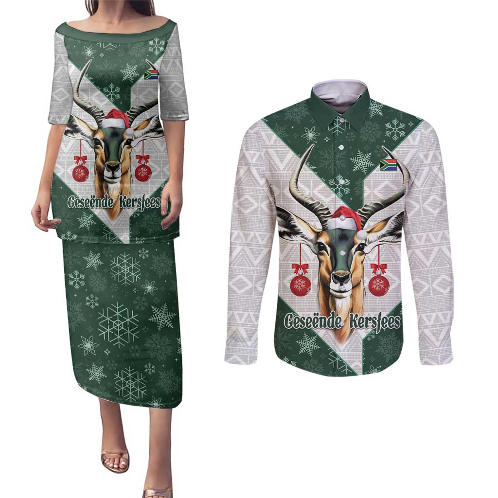 South Africa Springboks Christmas Couples Matching Puletasi and Long Sleeve Button Shirt Bokke Santa - Geseende Kersfees