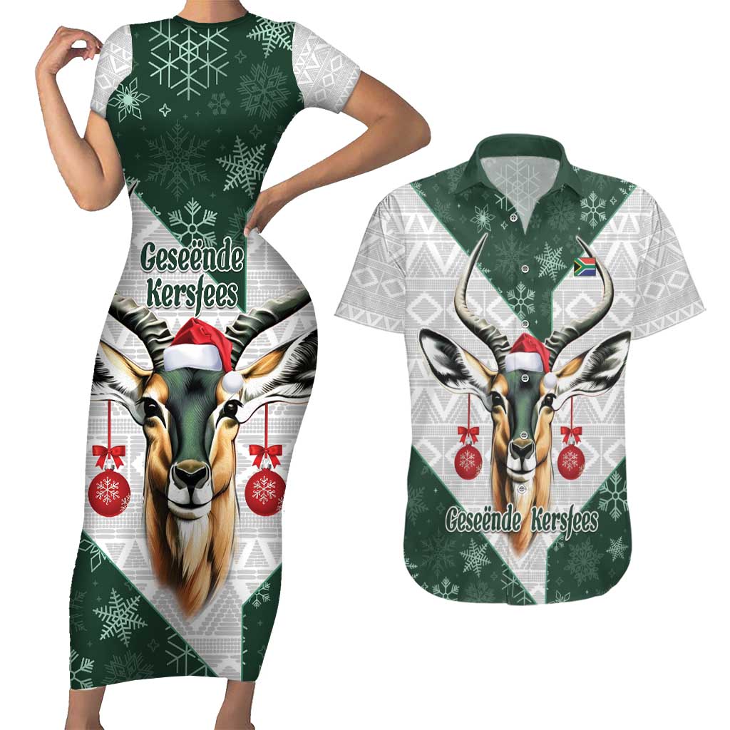 South Africa Springboks Christmas Couples Matching Short Sleeve Bodycon Dress and Hawaiian Shirt Bokke Santa - Geseende Kersfees