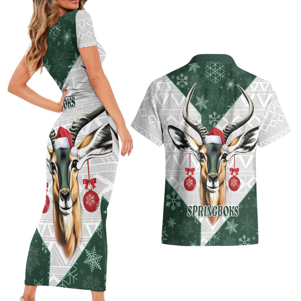 South Africa Springboks Christmas Couples Matching Short Sleeve Bodycon Dress and Hawaiian Shirt Bokke Santa - Geseende Kersfees