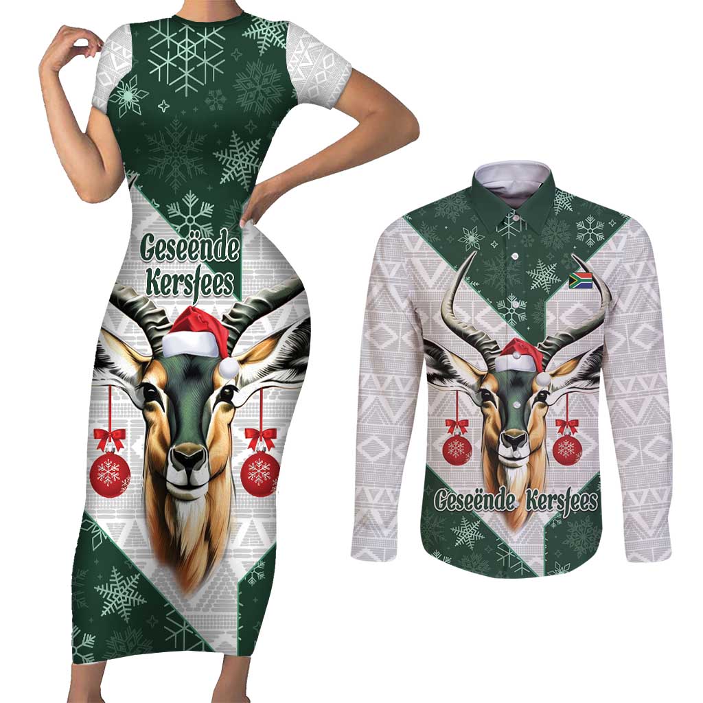 South Africa Springboks Christmas Couples Matching Short Sleeve Bodycon Dress and Long Sleeve Button Shirt Bokke Santa - Geseende Kersfees