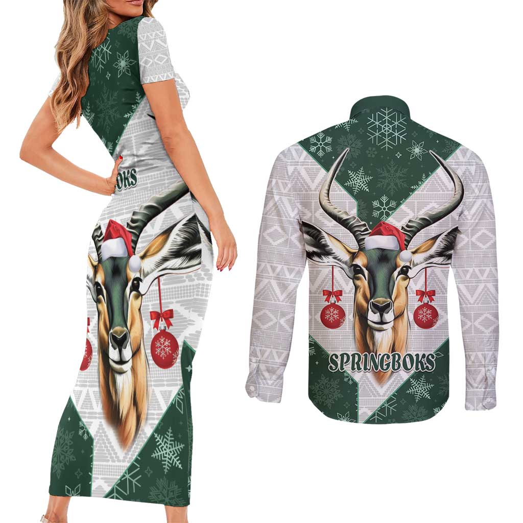 South Africa Springboks Christmas Couples Matching Short Sleeve Bodycon Dress and Long Sleeve Button Shirt Bokke Santa - Geseende Kersfees