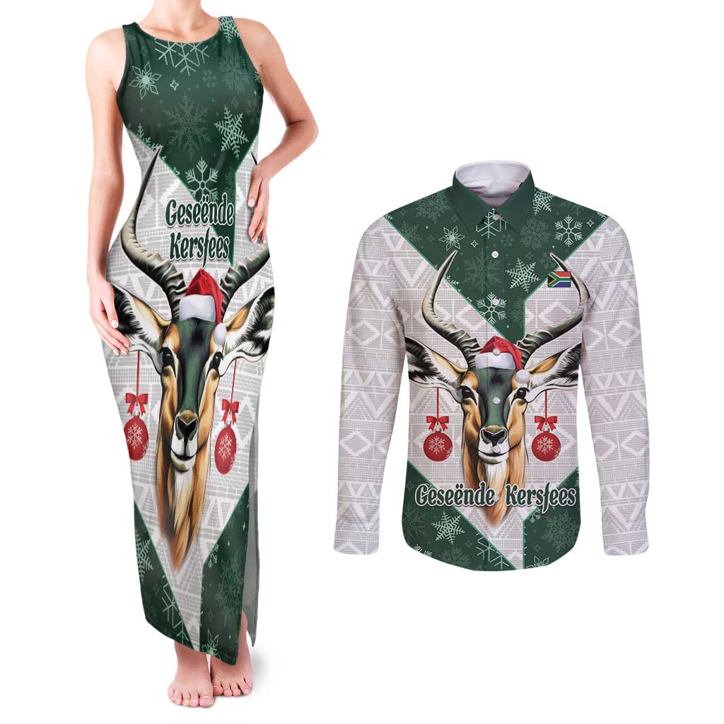 South Africa Springboks Christmas Couples Matching Tank Maxi Dress and Long Sleeve Button Shirt Bokke Santa - Geseende Kersfees