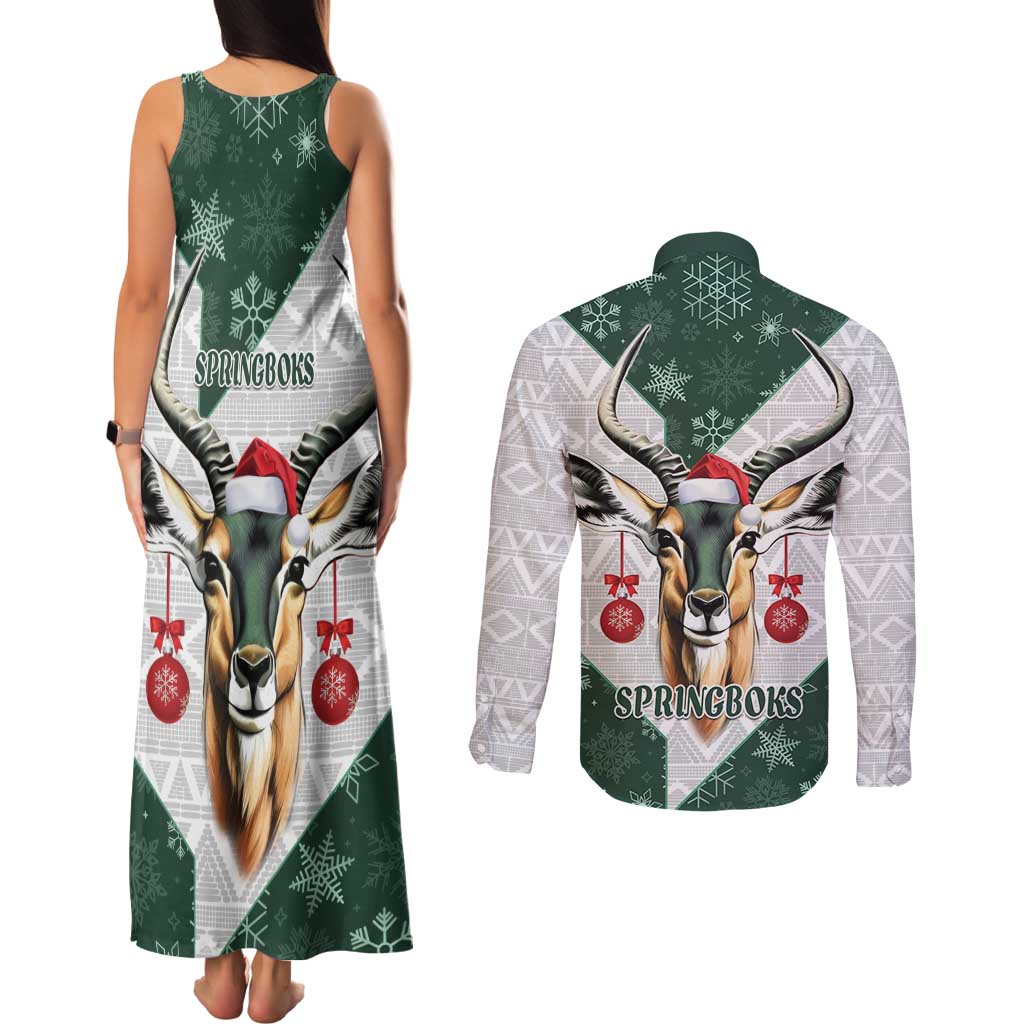 South Africa Springboks Christmas Couples Matching Tank Maxi Dress and Long Sleeve Button Shirt Bokke Santa - Geseende Kersfees