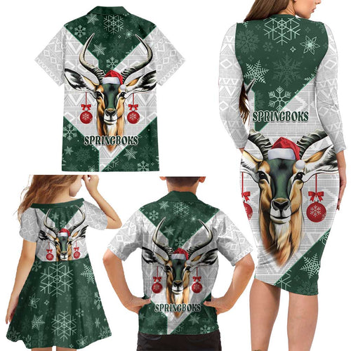 South Africa Springboks Christmas Family Matching Long Sleeve Bodycon Dress and Hawaiian Shirt Bokke Santa - Geseende Kersfees