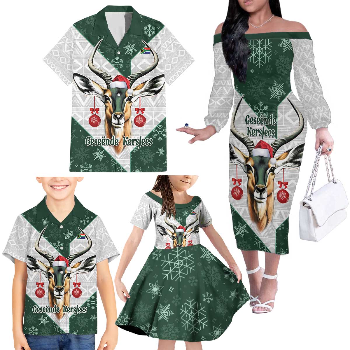 South Africa Springboks Christmas Family Matching Off The Shoulder Long Sleeve Dress and Hawaiian Shirt Bokke Santa - Geseende Kersfees