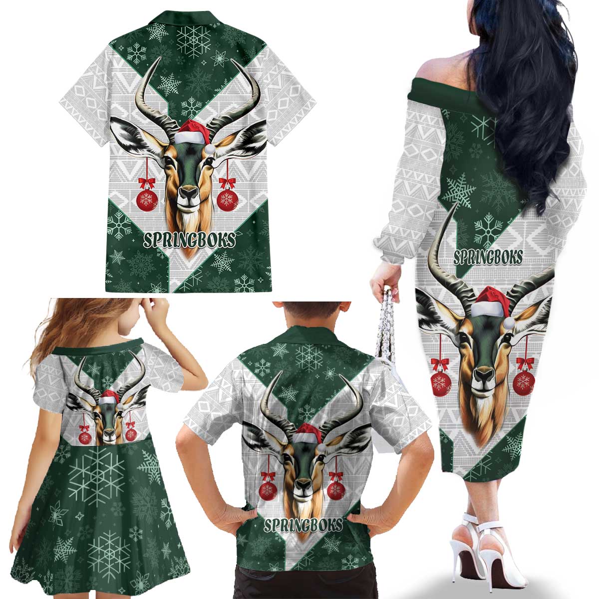 South Africa Springboks Christmas Family Matching Off The Shoulder Long Sleeve Dress and Hawaiian Shirt Bokke Santa - Geseende Kersfees