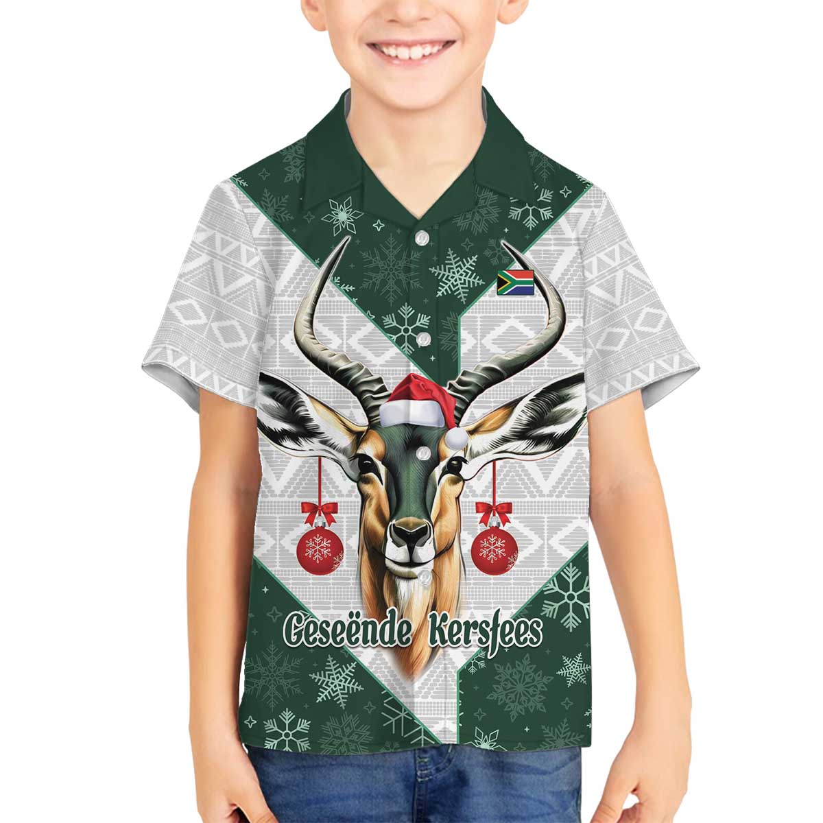 South Africa Springboks Christmas Family Matching Off The Shoulder Long Sleeve Dress and Hawaiian Shirt Bokke Santa - Geseende Kersfees