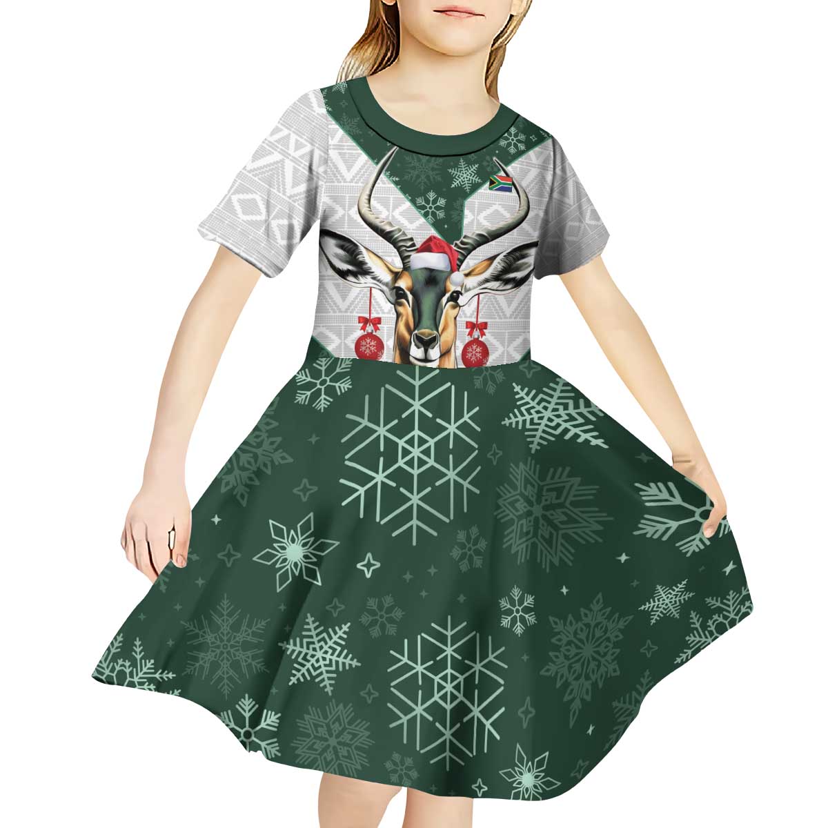 South Africa Springboks Christmas Kid Short Sleeve Dress Bokke Santa - Geseende Kersfees