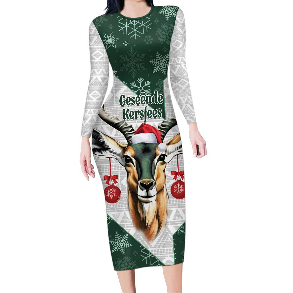 South Africa Springboks Christmas Long Sleeve Bodycon Dress Bokke Santa - Geseende Kersfees