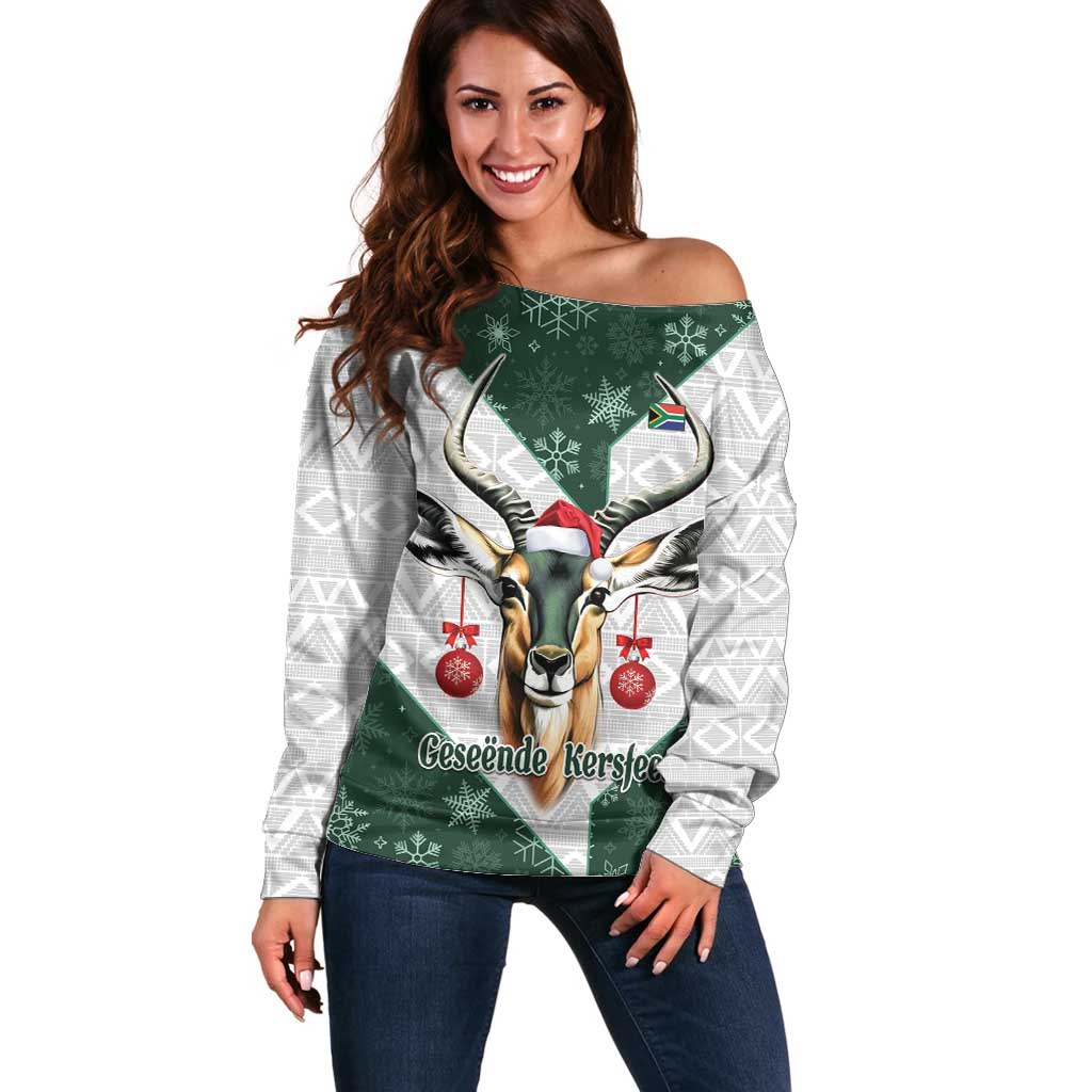 South Africa Springboks Christmas Off Shoulder Sweater Bokke Santa - Geseende Kersfees