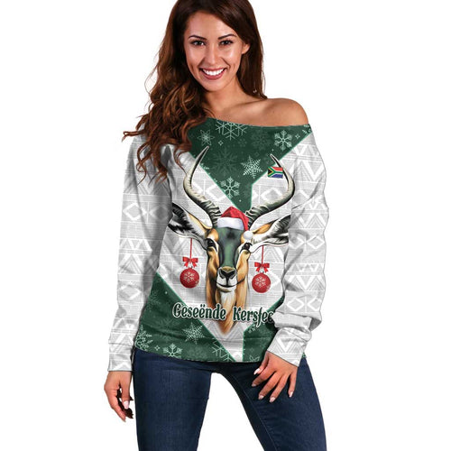South Africa Springboks Christmas Off Shoulder Sweater Bokke Santa - Geseende Kersfees