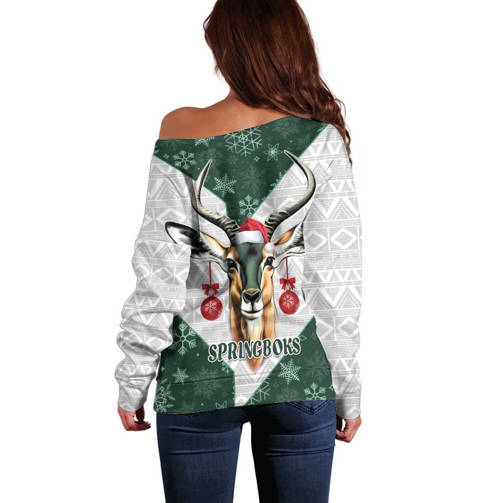 South Africa Springboks Christmas Off Shoulder Sweater Bokke Santa - Geseende Kersfees