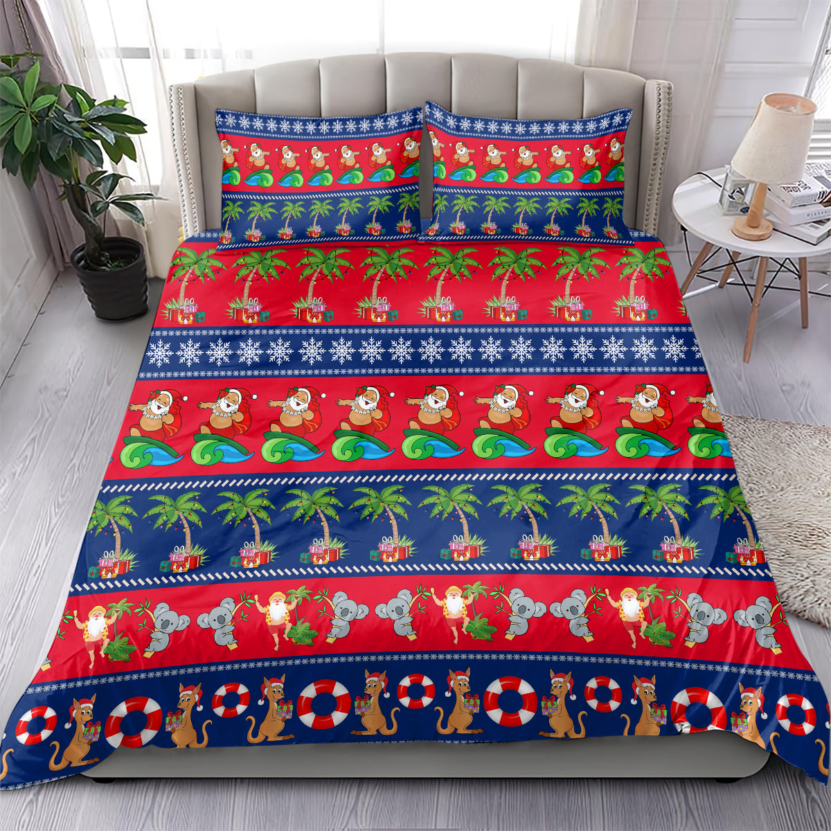 personalised-australia-christmas-bedding-set-aussie-santa-claus-beach-xmas-vibes